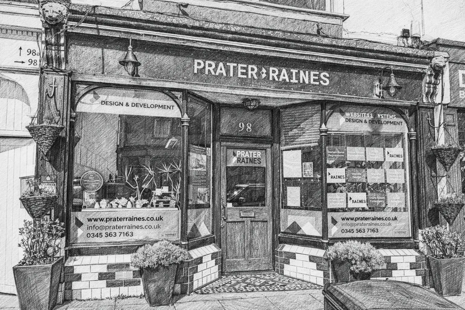 Outside of Prater Raines shop in pencil