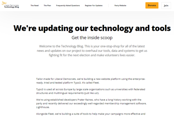 Liberal Democrats tech Blog website based on Typo3