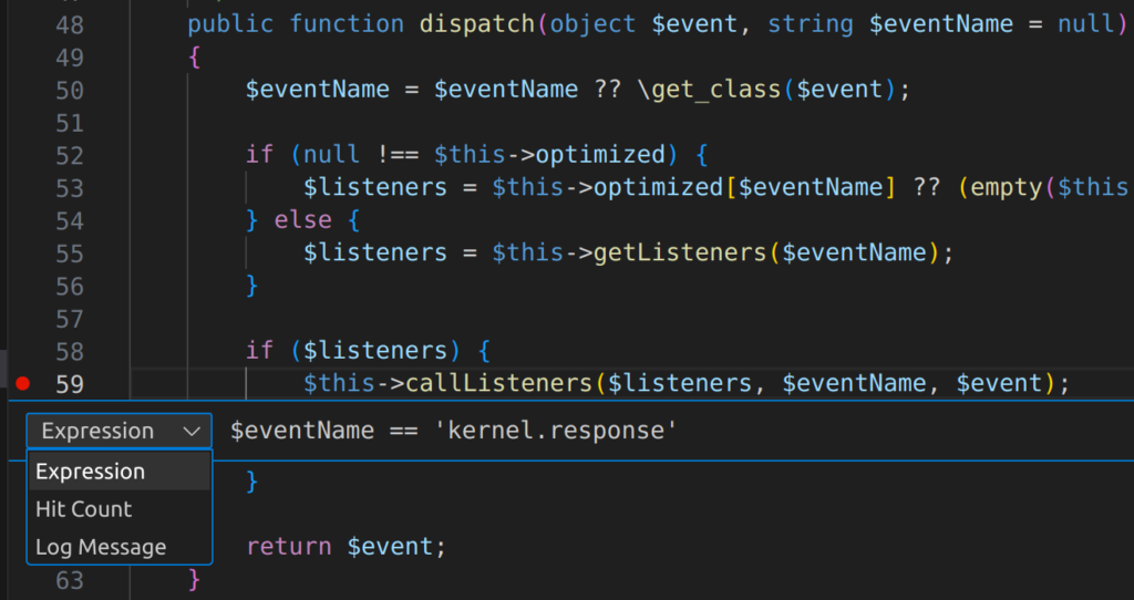 Example of configuring a breakpoint