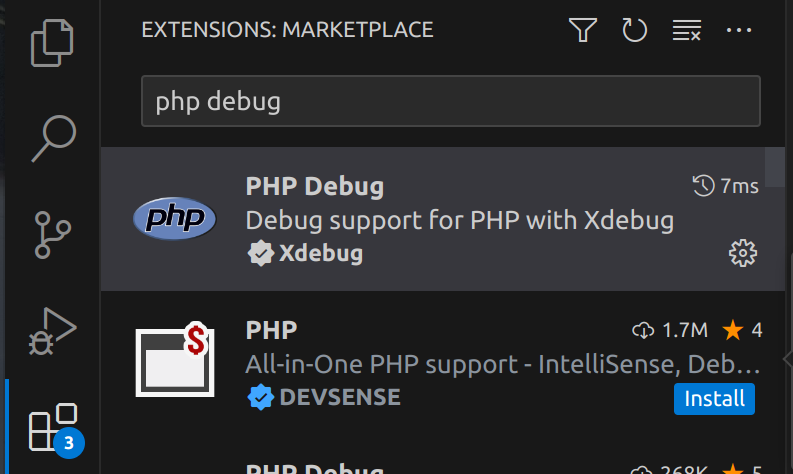 VSCode extensions panel with PHP Debug selected