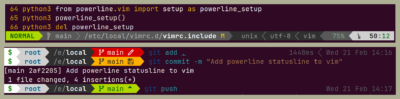 Example Vim editor status line and shell prompt, including pretty colours and icons for version control status.