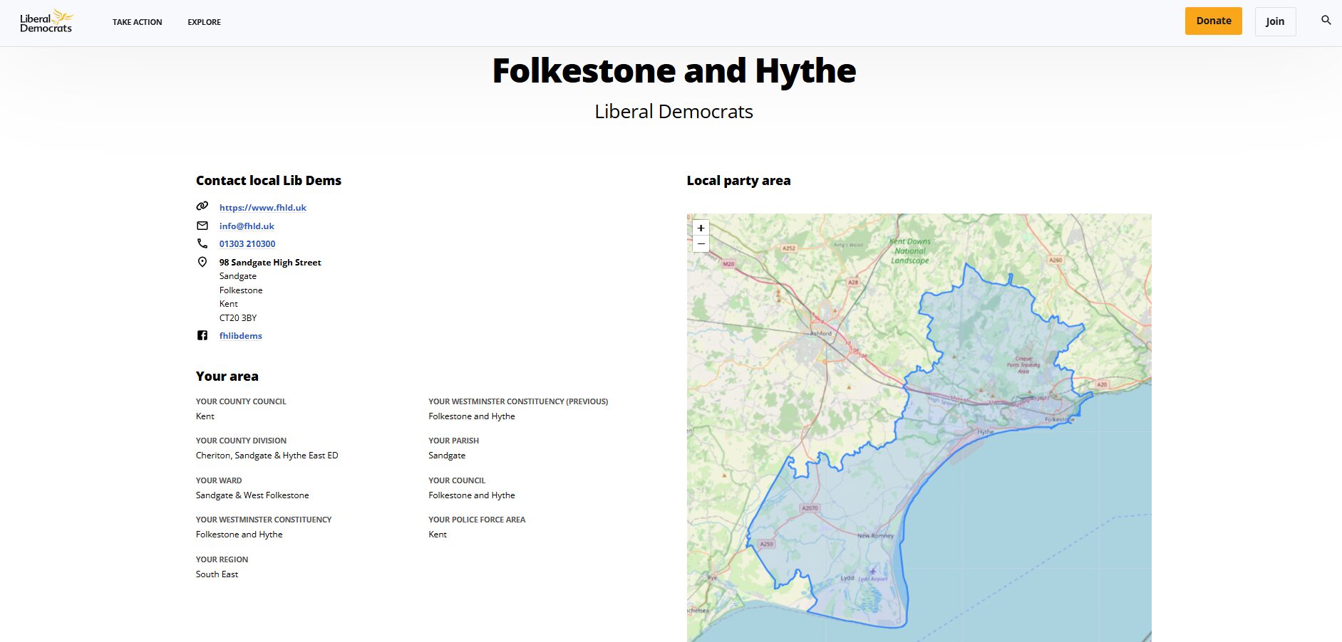 Screenshot of an "In Your Area" page from libdems.org.uk