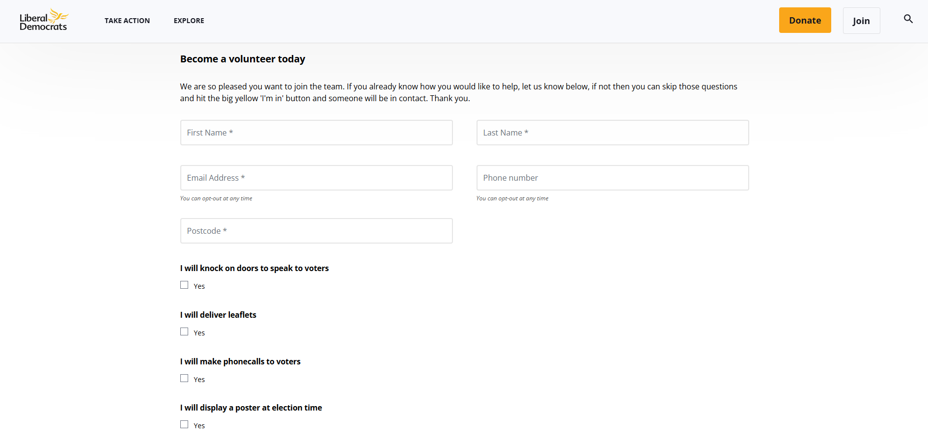Screenshot of "Volunteer" page at libdems.org.uk